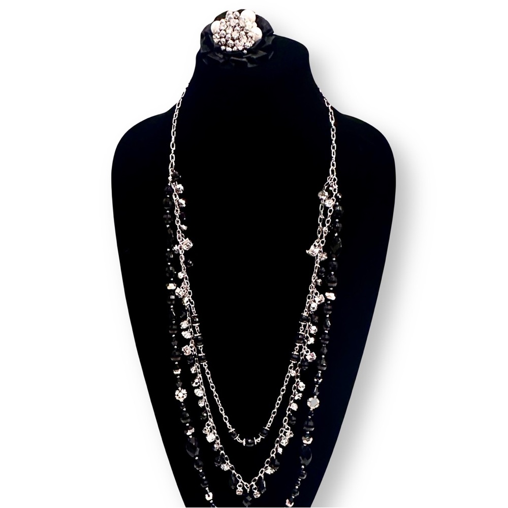 WHITE HOUSE BLACK MARKET Black Bead Pearl & Crystal Necklace w Removable Broach - Picture 6 of 12
